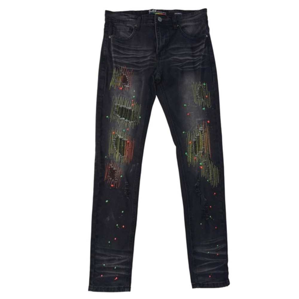 Switch Remarkable Men's Slim Taper Fit Jeans Blk Distressed Paint Splatter 32x32